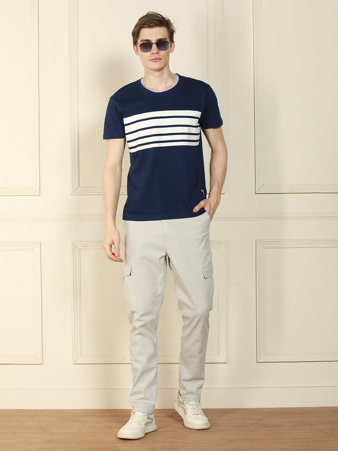 Men's Navy Crew Neck Striped Cotton T-Shirt