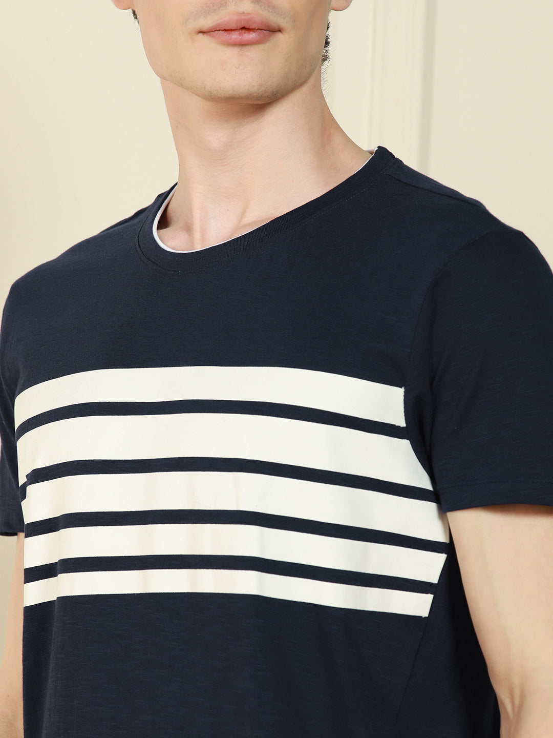 Men's Navy Crew Neck Striped Cotton T-Shirt