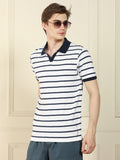 Dennis Lingo Men's White Polo Collar Striped Cotton T-Shirt