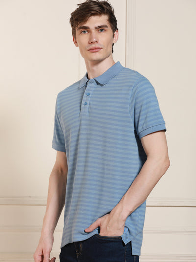 Men's Blue Striped Polo Collar Half Sleeves Casual T-Shirt