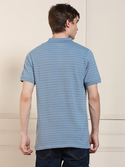 Dennis Lingo Men Blue Striped Polo Collar Half Sleeves Casual T-Shirt
