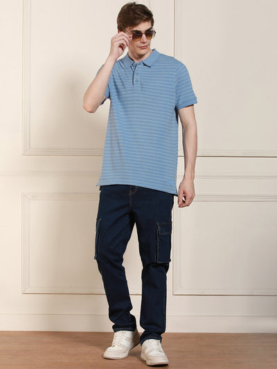 Men's Blue Striped Polo Collar Half Sleeves Casual T-Shirt