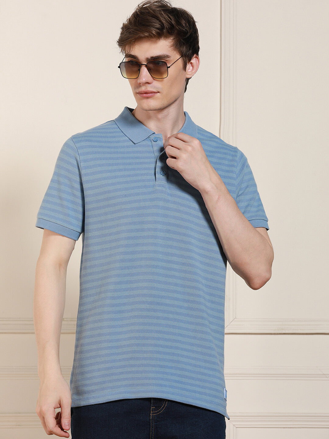 Men's Blue Striped Polo Collar Half Sleeves Casual T-Shirt