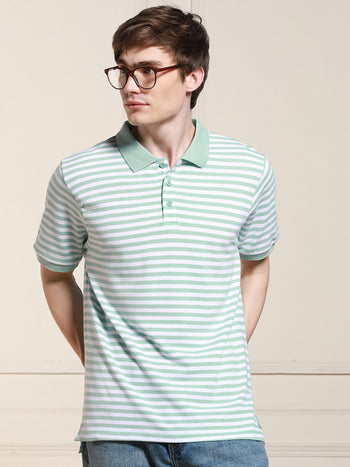 Men's Light Blue Striped Polo Collar Half Sleeves Casual T-Shirt