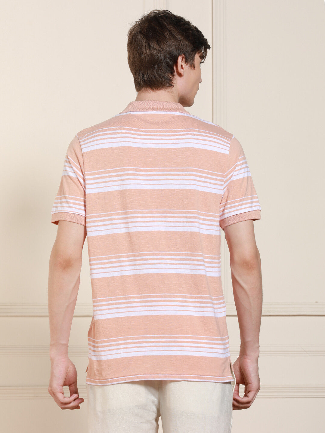 Men's Peach Striped Polo Collar Half Sleeves Casual T-Shirt