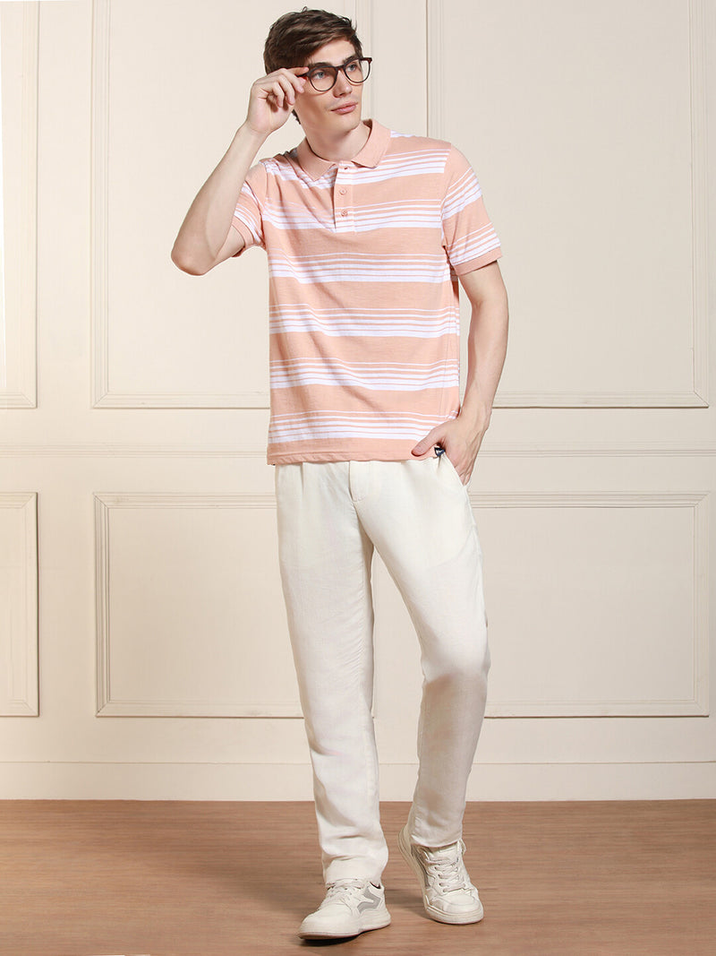 Men's Peach Striped Polo Collar Half Sleeves Casual T-Shirt