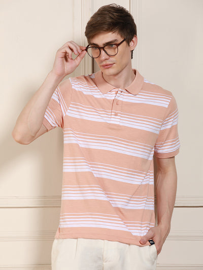 Men's Peach Striped Polo Collar Half Sleeves Casual T-Shirt