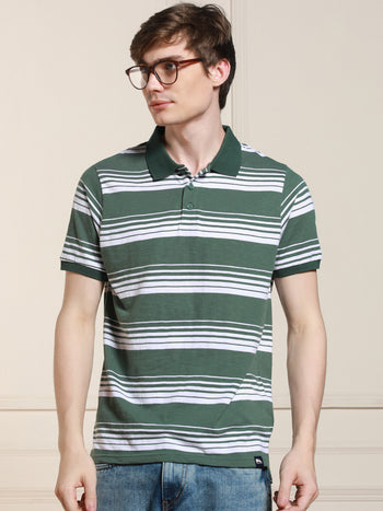 Men's Sage green Striped Polo Collar Half Sleeves Casual T-Shirt