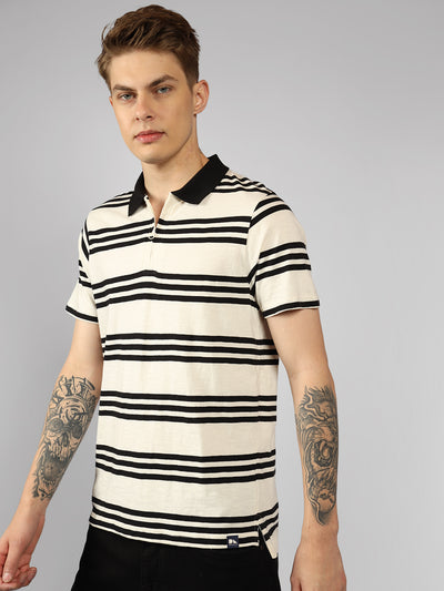 Men's White Striped Polo Collar Half sleeve Regular fit T-Shirt