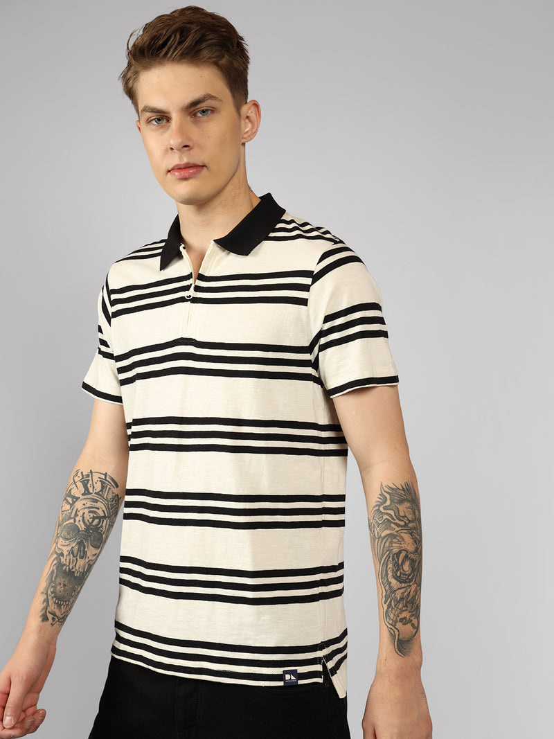 Men's White Striped Polo Collar Half sleeve Regular fit T-Shirt