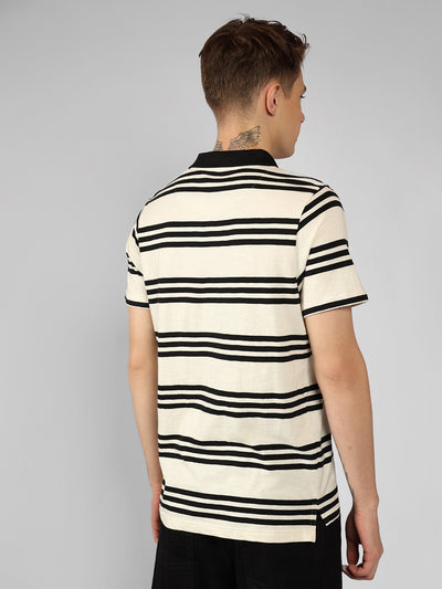 Men's White Striped Polo Collar Half sleeve Regular fit T-Shirt