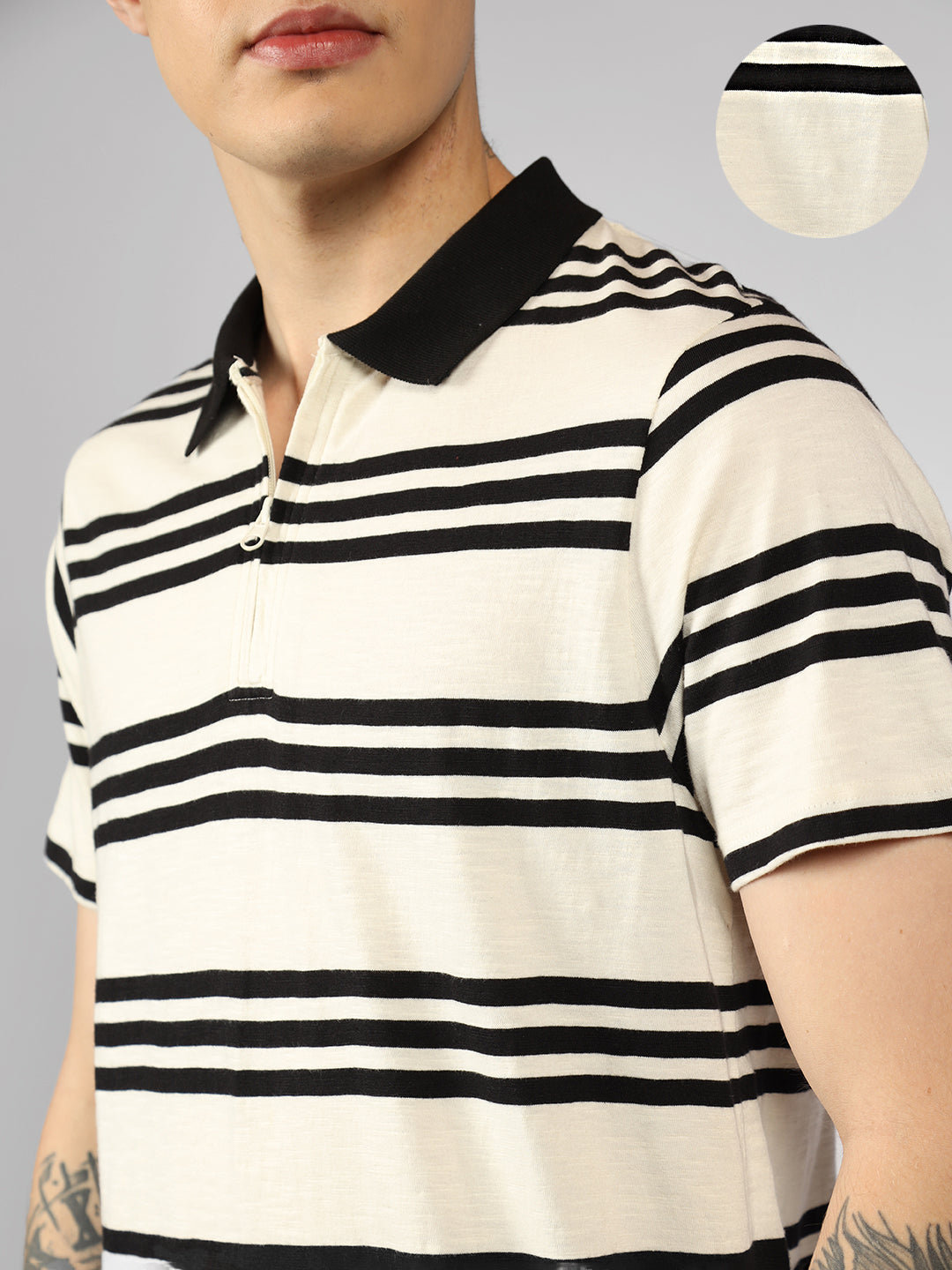 Men's White Striped Polo Collar Half sleeve Regular fit T-Shirt