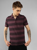 Men's Wine Striped Polo Collar Half sleeve Regular fit T-Shirt