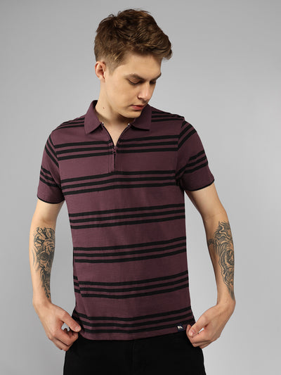 Men's Wine Striped Polo Collar Half sleeve Regular fit T-Shirt