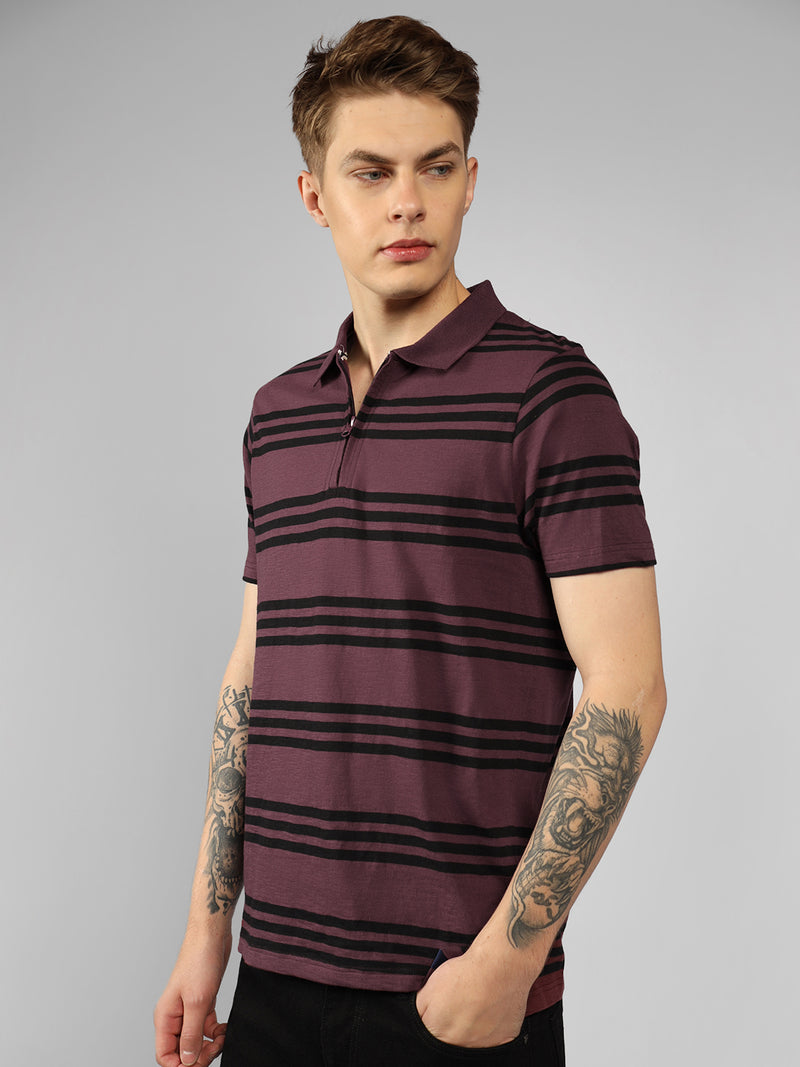 Men's Wine Striped Polo Collar Half sleeve Regular fit T-Shirt