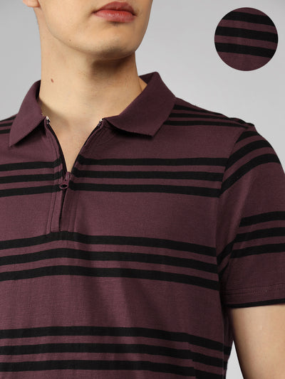 Men's Wine Striped Polo Collar Half sleeve Regular fit T-Shirt