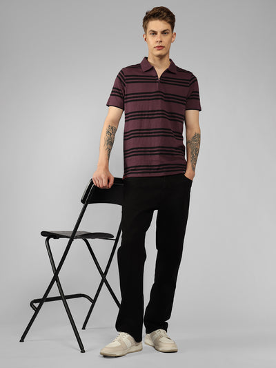 Men's Wine Striped Polo Collar Half sleeve Regular fit T-Shirt