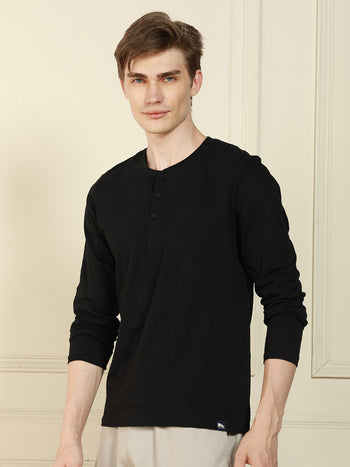 Men's Black Henley Neck Solid Cotton T-Shirt