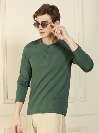 Men's Olive Henley Neck Solid Cotton T-Shirt