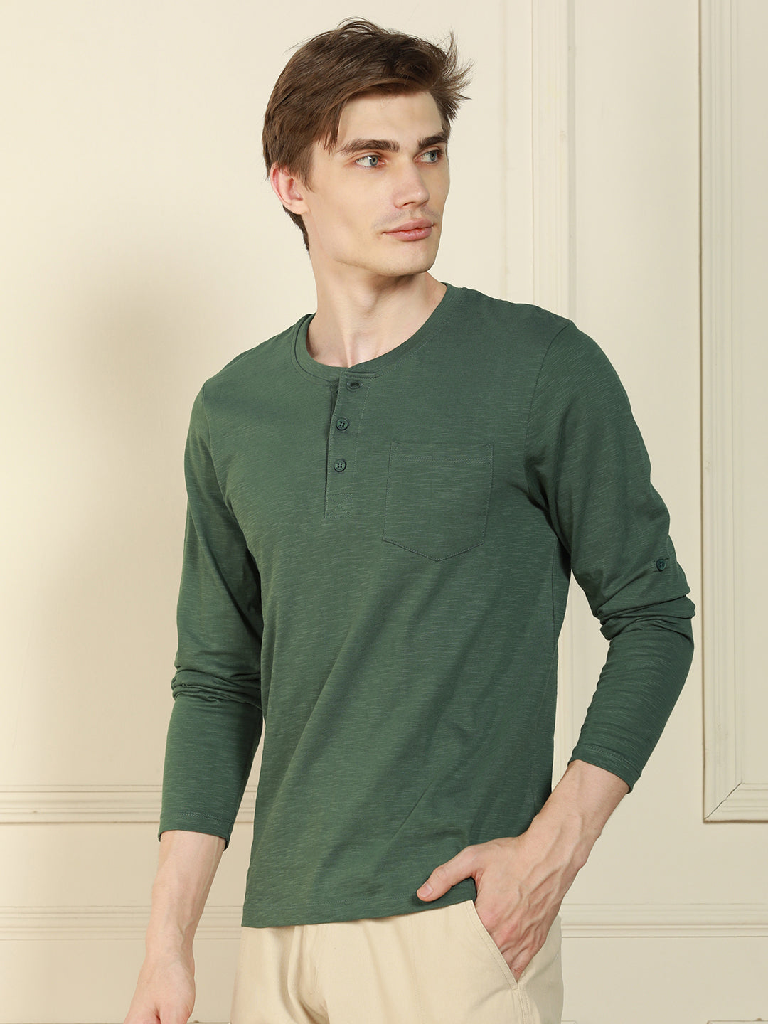 Dennis Lingo Men's Olive Henley Neck Solid Cotton T-Shirt