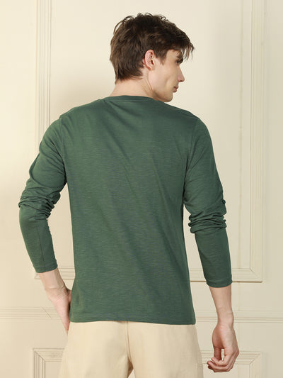 Dennis Lingo Men's Olive Henley Neck Solid Cotton T-Shirt
