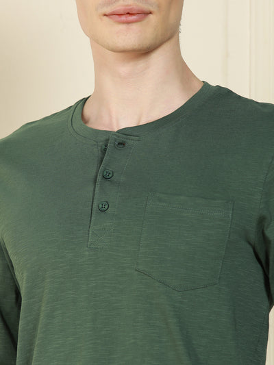 Dennis Lingo Men's Olive Henley Neck Solid Cotton T-Shirt