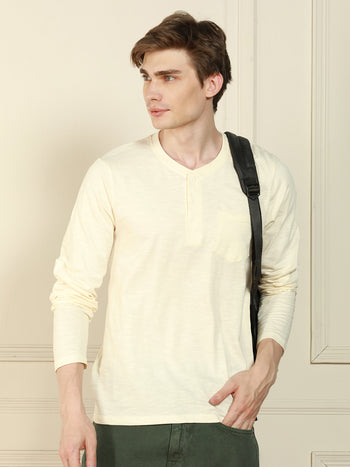 Men's Off-White Henley Neck Solid Cotton T-Shirt