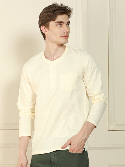 Dennis Lingo Men's Off-White Henley Neck Solid Cotton T-Shirt