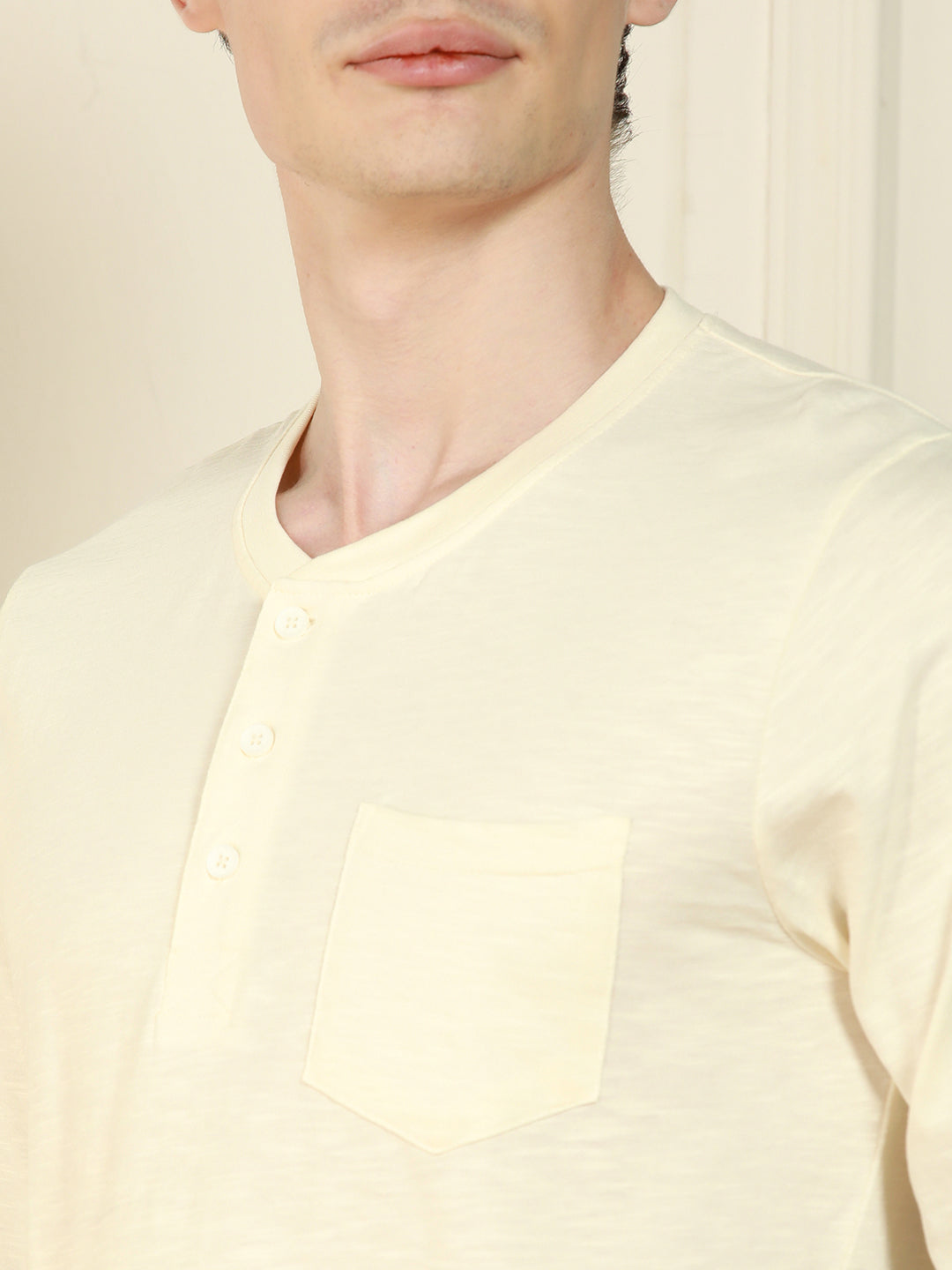 Dennis Lingo Men's Off-White Henley Neck Solid Cotton T-Shirt