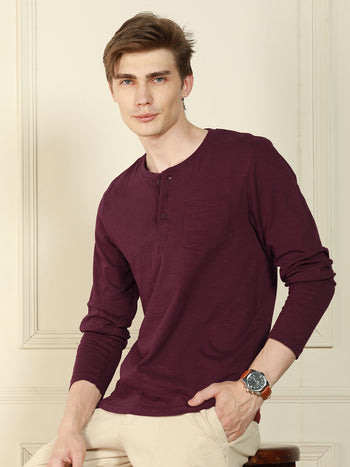 Men's Wine Henley Neck Solid Cotton T-Shirt