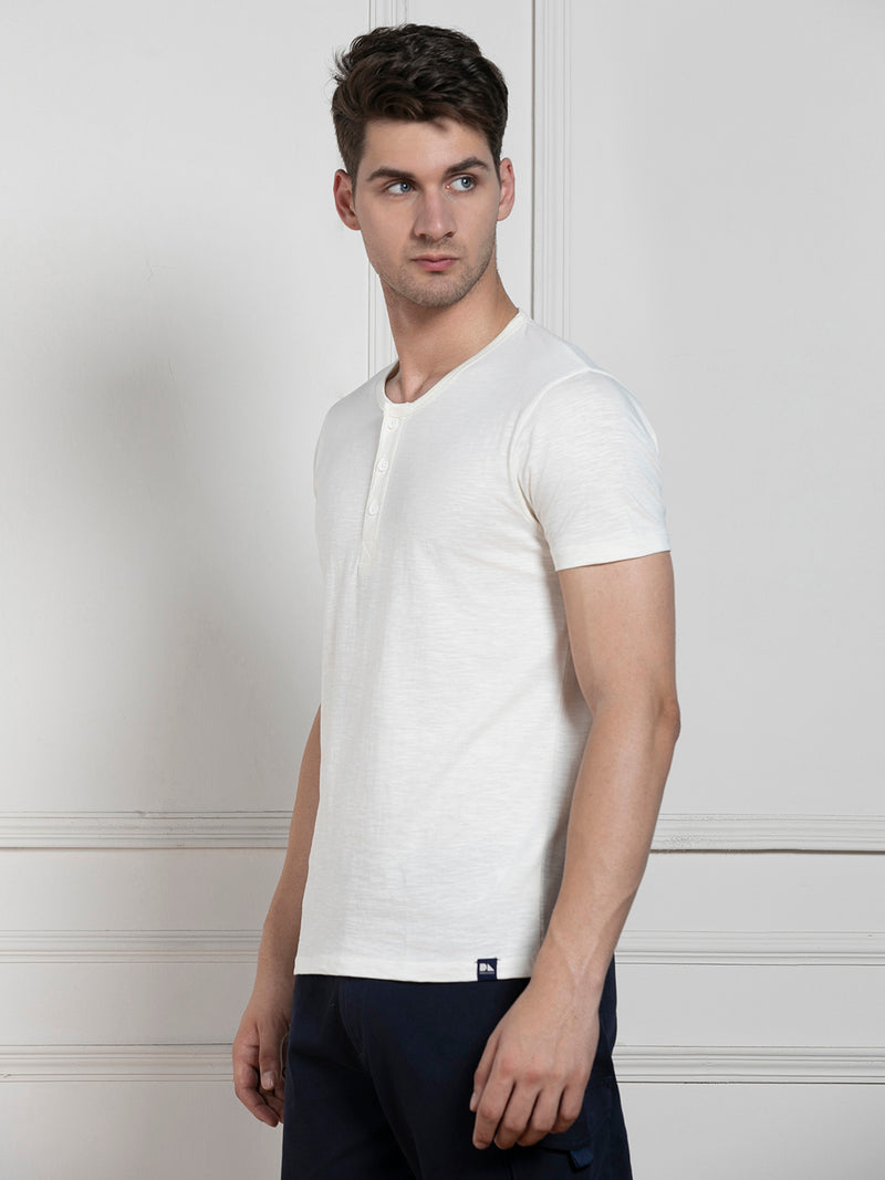 Men's Ecru Henley Neck Solid Regular Fit T-Shirt