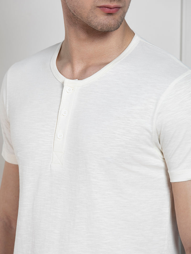 Men's Ecru Henley Neck Solid Regular Fit T-Shirt