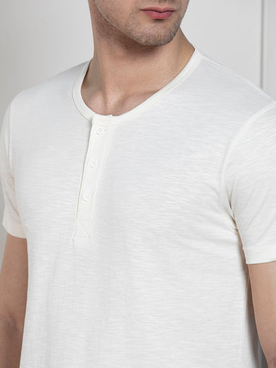 Men's Ecru Henley Neck Solid Regular Fit T-Shirt