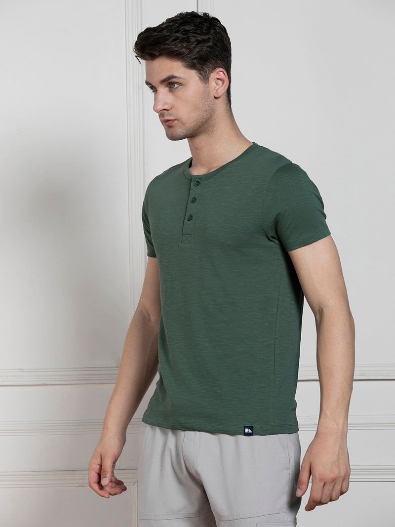 Men's Green Henley Neck Solid Regular Fit T-Shirt