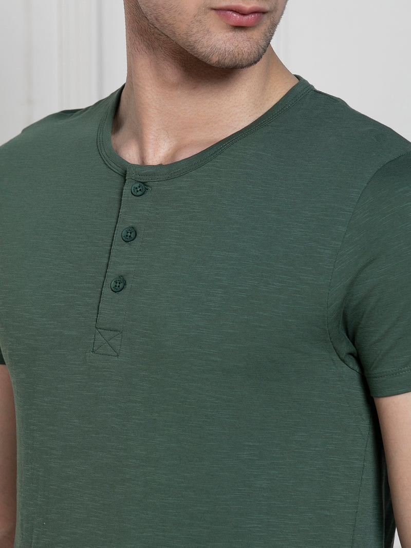 Men's Green Henley Neck Solid Regular Fit T-Shirt