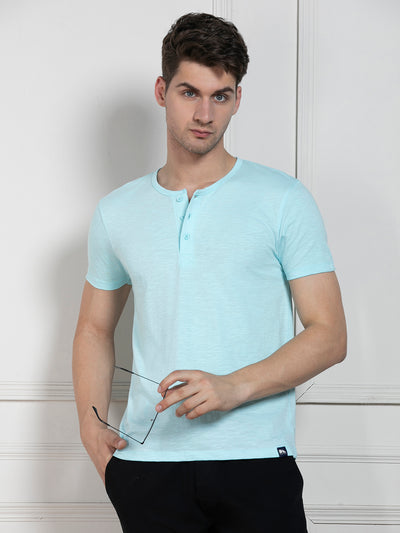 Dennis Lingo Men's Light Blue Henley Neck Solid Regular Fit T-Shirt