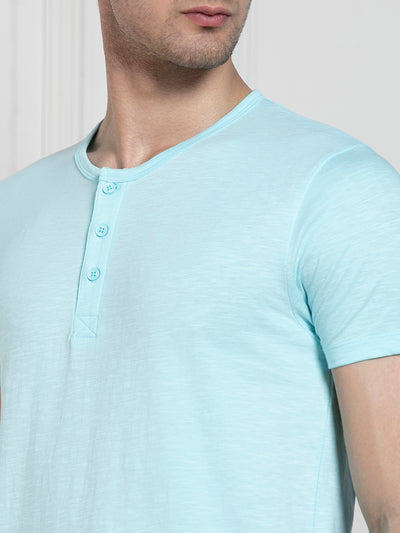 Dennis Lingo Men's Light Blue Henley Neck Solid Regular Fit T-Shirt