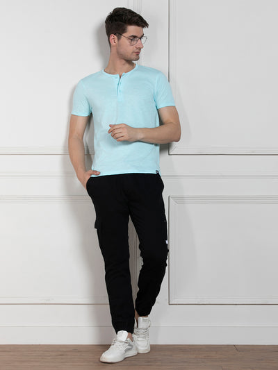 Men's Light Blue Henley Neck Solid Regular Fit T-Shirt