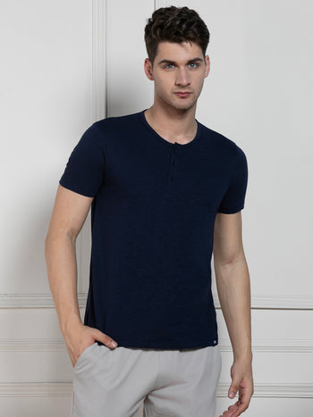 Men's Navy Henley Neck Solid Regular Fit T-Shirt