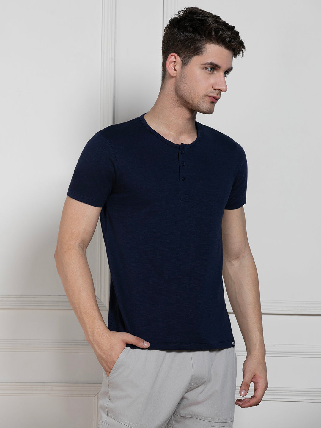 Men's Navy Henley Neck Solid Regular Fit T-Shirt