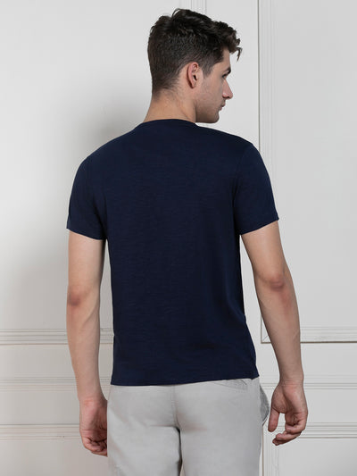 Men's Navy Henley Neck Solid Regular Fit T-Shirt