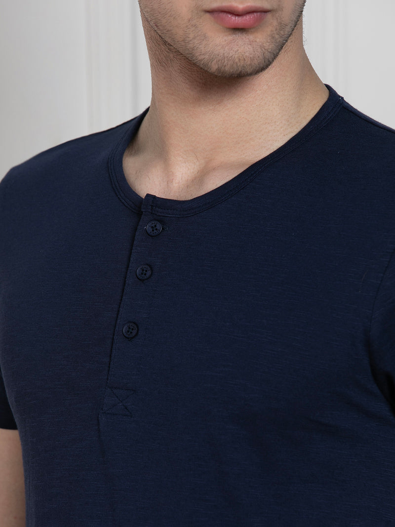 Men's Navy Henley Neck Solid Regular Fit T-Shirt