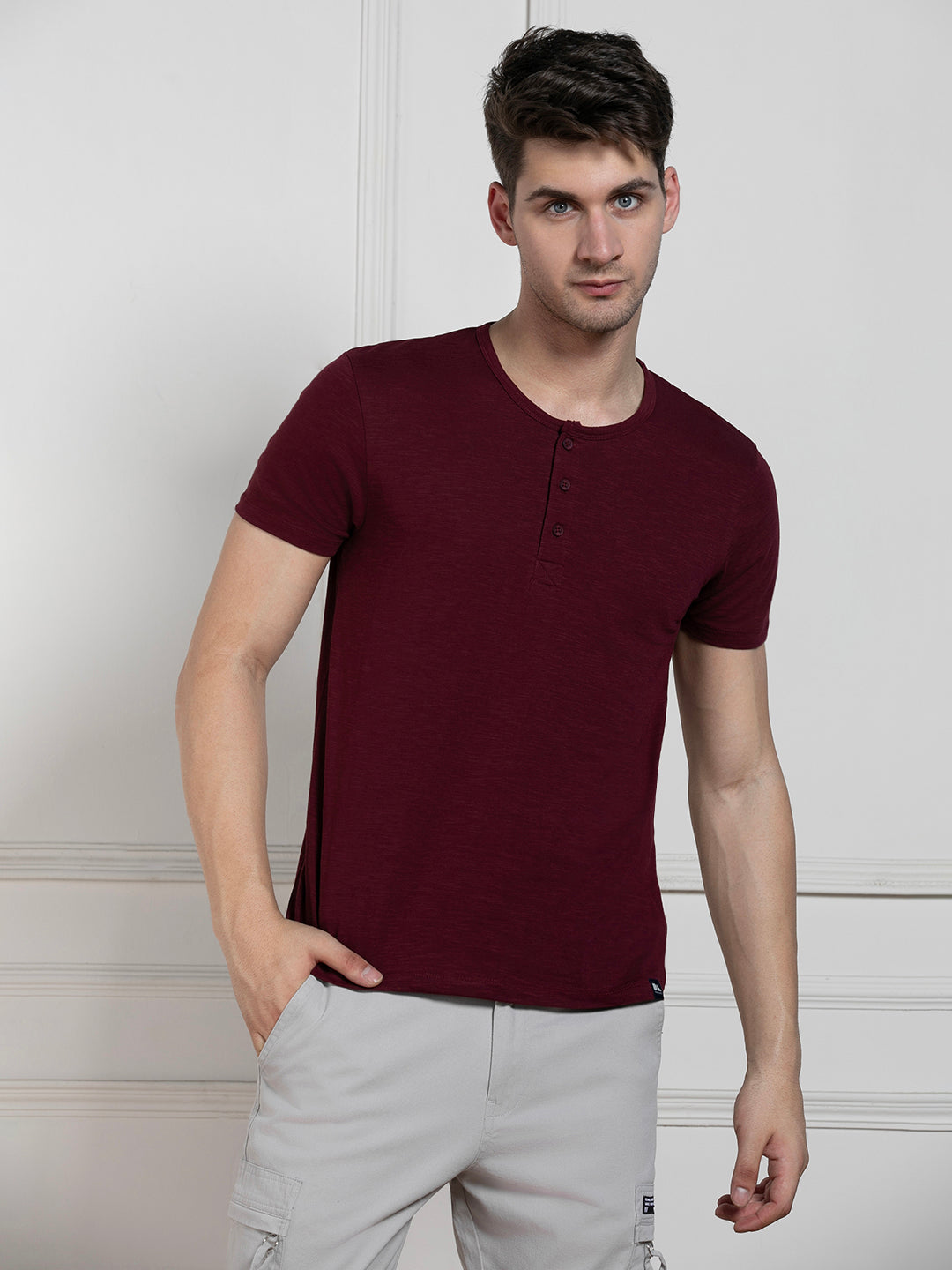 Men's Wine Henley Neck Solid Regular Fit T-Shirt