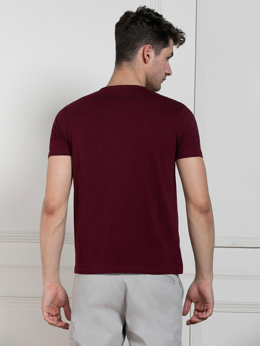 Men's Wine Henley Neck Solid Regular Fit T-Shirt