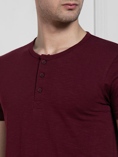 Men's Wine Henley Neck Solid Regular Fit T-Shirt