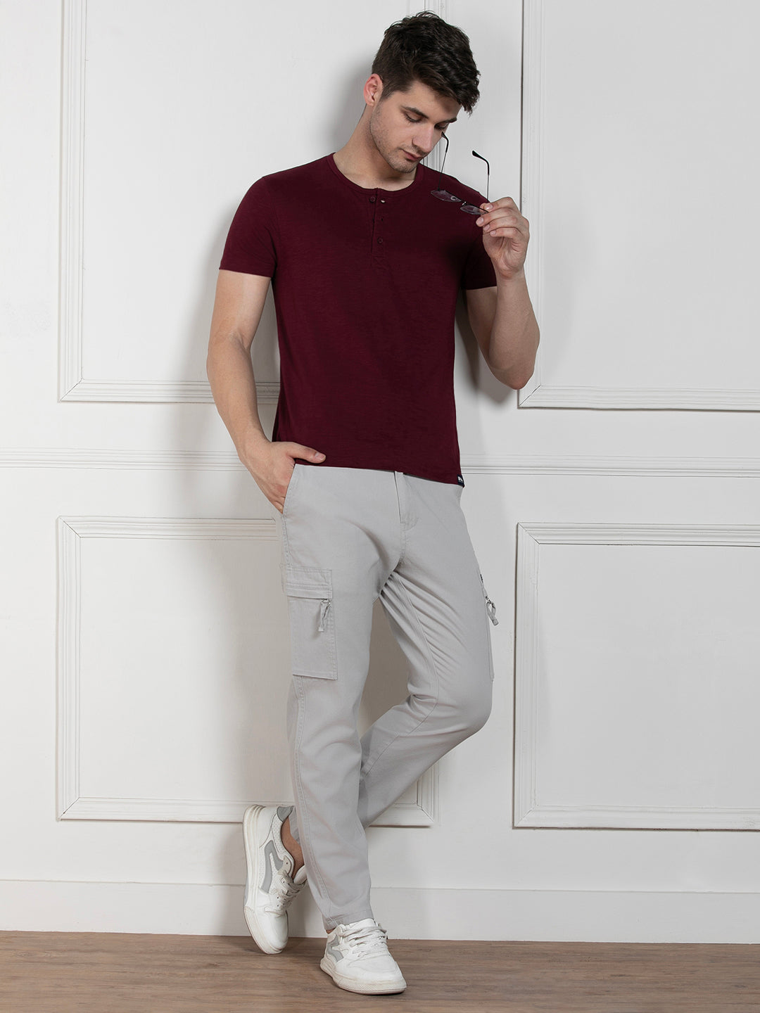 Men's Wine Henley Neck Solid Regular Fit T-Shirt