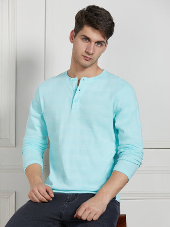 Men's Light Blue Cotton Regular Fit Textured Henley Neck T-Shirt