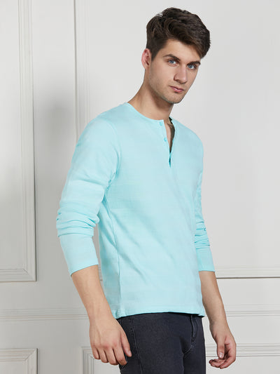 Men's Light Blue Cotton Regular Fit Textured Henley Neck T-Shirt