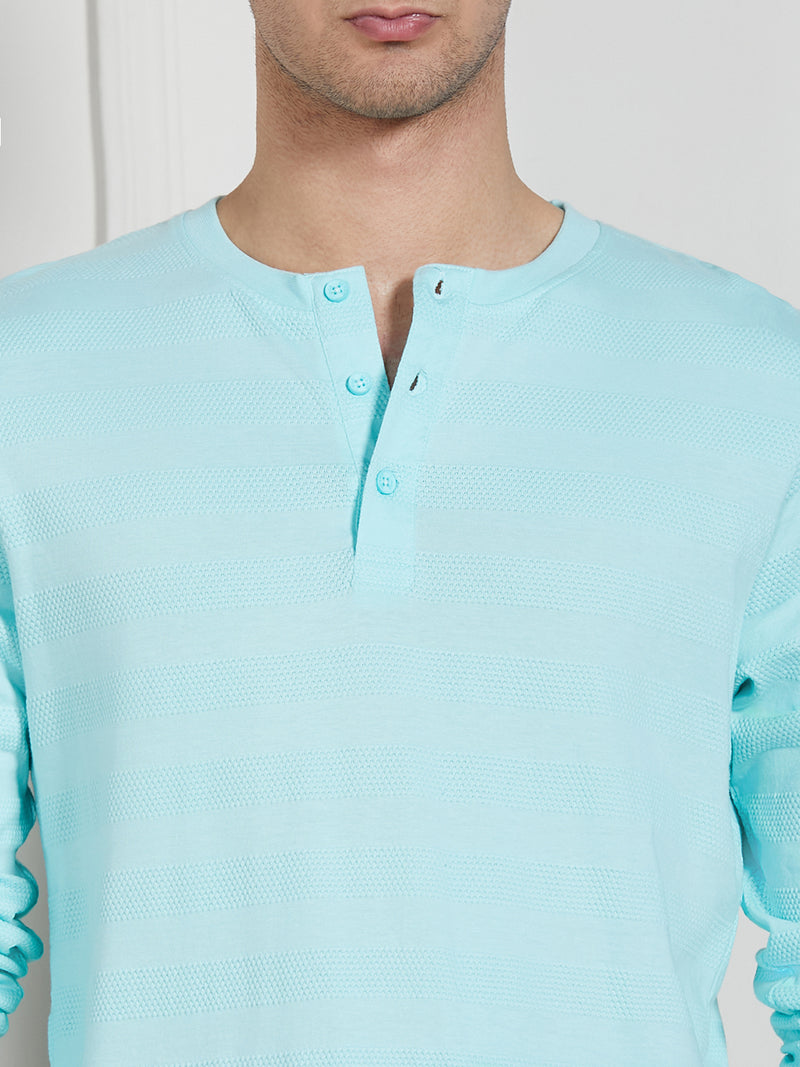 Men's Light Blue Cotton Regular Fit Textured Henley Neck T-Shirt