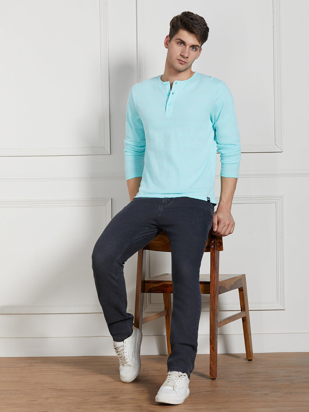 Men's Light Blue Cotton Regular Fit Textured Henley Neck T-Shirt